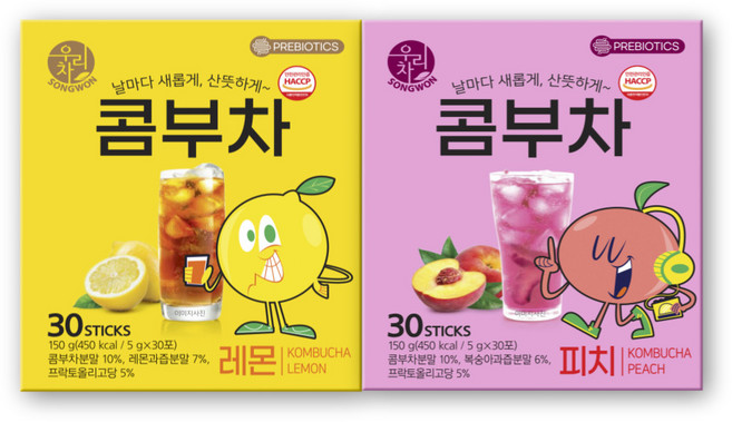 송원 우리차 콤부차 레몬 30T+피치 30T, 150g, 30개입