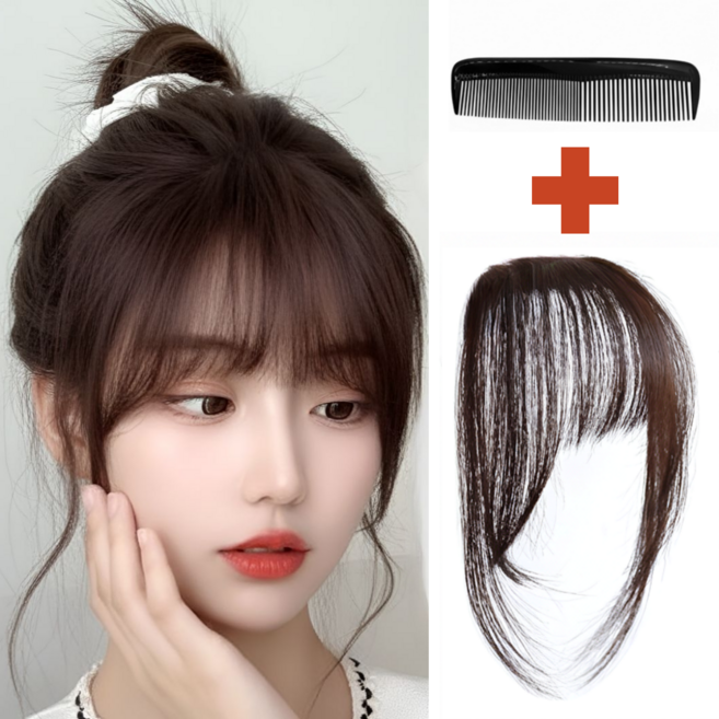 폴케이 인모 100% 프리미엄 앞머리 가발, 1개, 다크 브라운+휴대용 빗