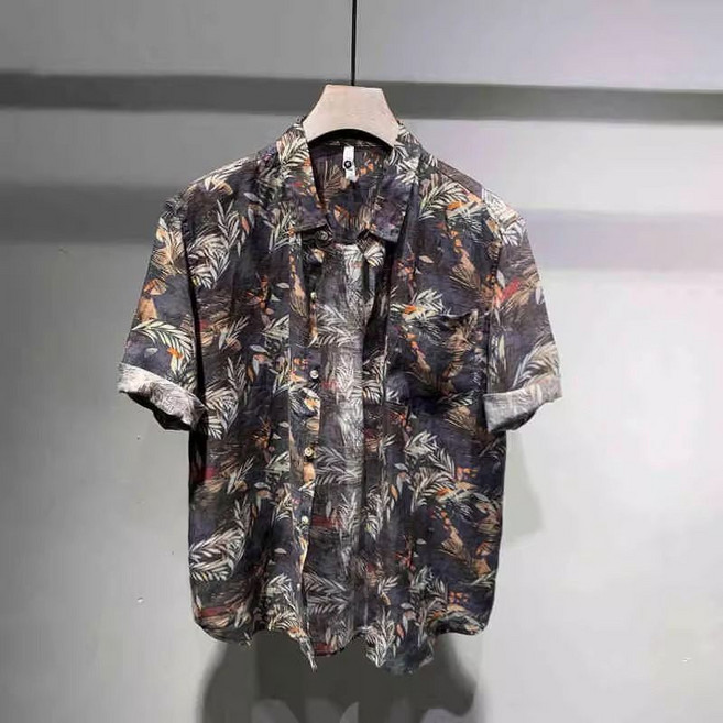 2025潮流雅痞風純印花襯衫男短袖夏季薄款休閒雅痞風長袖花襯衣男