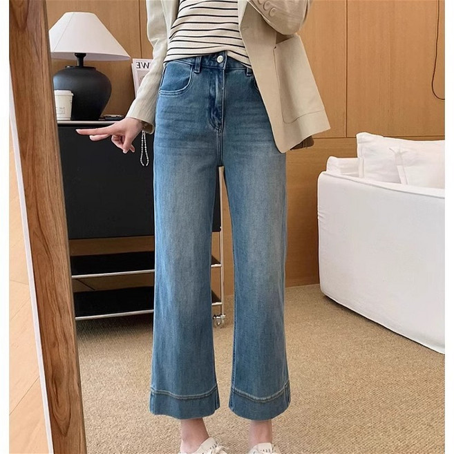 SAHINER 여성 하이웨이스트 9부 스트레이트 데님 팬츠 봄여름 일상복