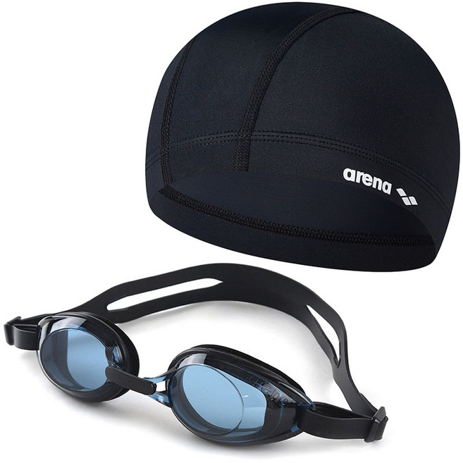 아레나 성인용 스판 수영모자 실리콘패킹 생존수영 수경 물안경 2종 세트, 블랙세트, 1개