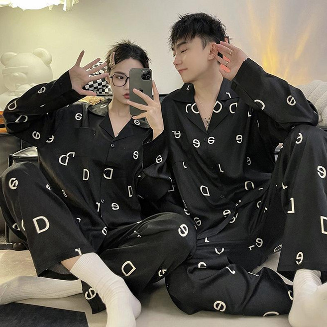 男女款冰絲睡衣 春秋季長袖方格/條紋絲綢家居服