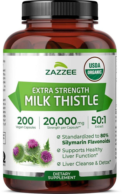 Zazzee 유기농 밀크 시슬 추출물 20 000 mg 식물성 캡슐 200개, Zazzee 유기농 밀크 시슬 추출물 20,000 mg, 1개, 200