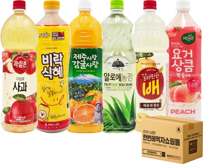 [한번에먹자쇼핑몰] 6종 혼합세트 / 해태음료 아침에사과 갈아만든 배 팔도 비락식혜 제주감귤 알로에 웅진 요거상큼 복숭아 총 6개, 1.5L