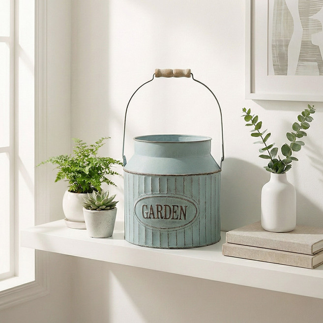 빈티지 가든 레터링 양철 바스켓 우유통 틴 철제 바구니 수납 화분커버, 1개, 애쉬블루