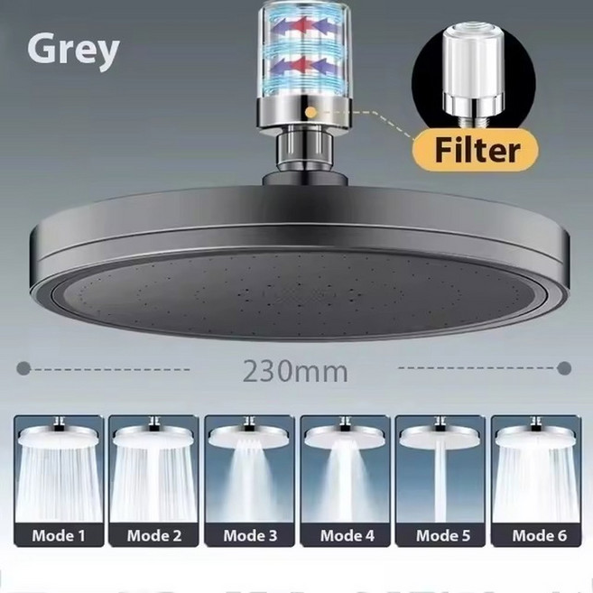 새로운 230MM 대형 천장형 세트 슈퍼차지 모드 샤워기 욕실 필터 샤워 6가지 대용량 고압 패널, 1개, 05 Grey with filter