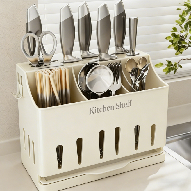 오웨테 주방 통풍 물빠짐 올인원 칼꽂이, 1개, 아이보리