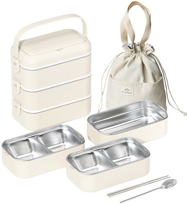 Shipshape 도시락통 스텐 런치박스 3단 보온도시락통 자레인지 적용 휴대용보온백 포함 학생 직장인 런치박스, 1개, 화이트-3단