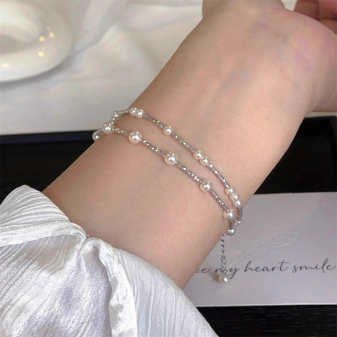 besteffie 여성용 진주 우아한 두줄 팔찌 심플 우아한 쥬얼리 진주 체인 팔찌 2p K87