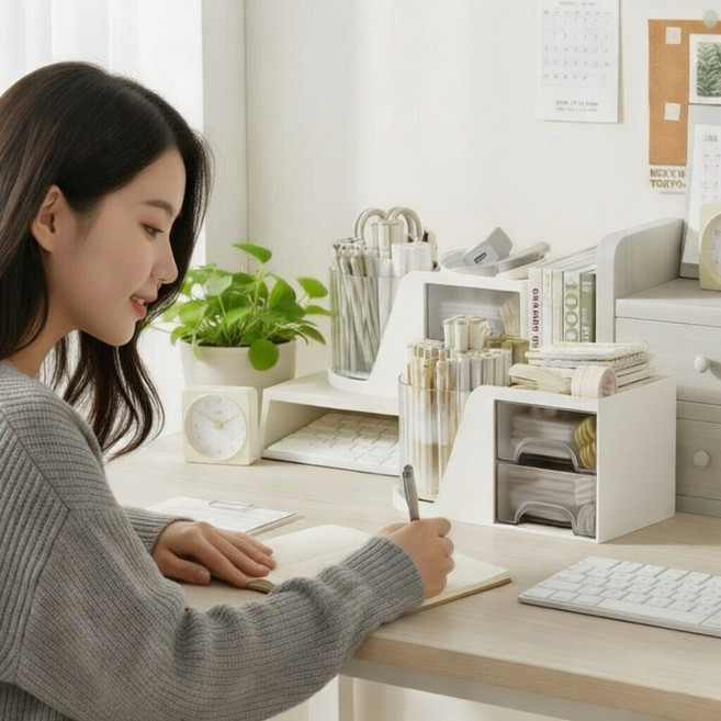 회전 연필꽂이 서랍형 문구 화장품 다용도 정리함, 1개, 화이트