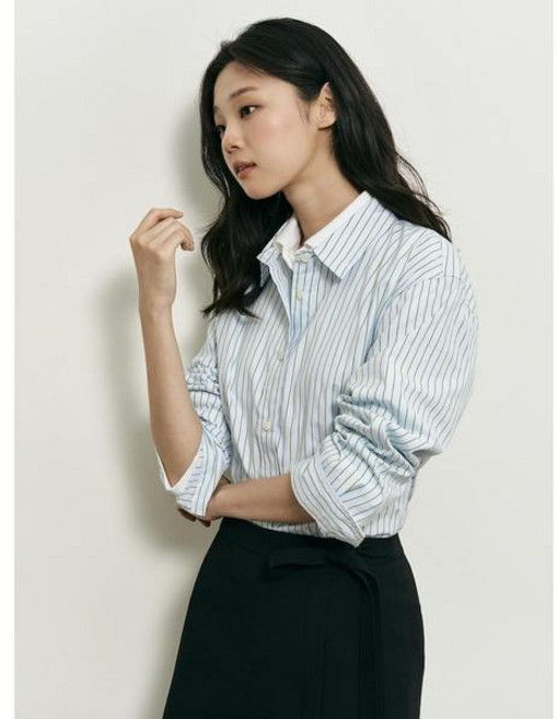 8위 - ❲백화점제품❳ 빈폴레이디스 캐주얼 셔츠 남방 [B. my] 마치 스트라이프 오버핏 - 스카이 블루 (BF58