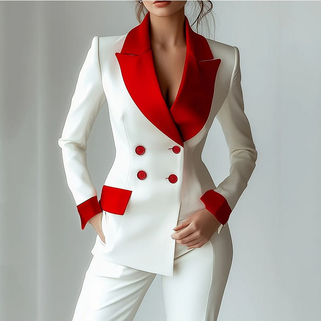 FANSYLI 여성 프리미엄 정장 세트 봄가을 슬림 긴팔 정장 자켓+스트레이트 팬츠 투피스 캐주얼 오피스 상하복 W2601J22