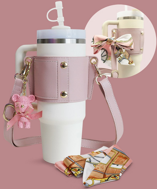 메리엘로 텀블러 가죽 스트랩 스탠리 오왈라 호환 가방 홀더, 핑크, 1개