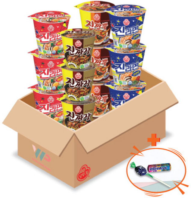 오뚜기 컵라면 소컵 4종 혼합세트 진짬뽕 3컵+진라면 순한맛 3컵+진라면 매운맛 3컵+진짜장 3컵 총 12컵 미니 맨토스+투시팝 사탕 사은품 2종 증정, 1개