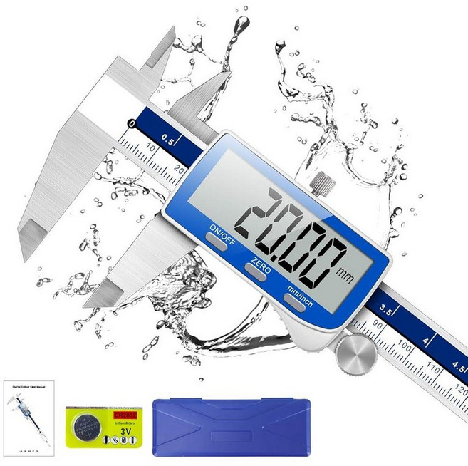 Qfun 디지털 캘리퍼 0-15.2cm(0-6인치) 캘리퍼 측정 도구 극한의 정확도 IP54 방수 전자 버니어 캘리퍼스 스테인리스 스틸 마이크로미터 엑스트라 라지 LCD 스크, IP54-Blue, 1개