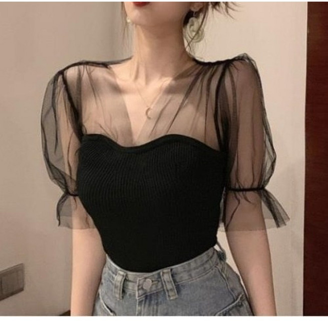 여성 레이스 섹시 클럽 홀복 망사 블라우스