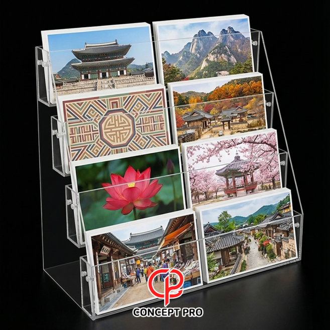 아크릴 스티커 엽서 진열대 팸플릿 거치대 리플렛 봉투 전시대 꽂이, 1개, 투명 4단