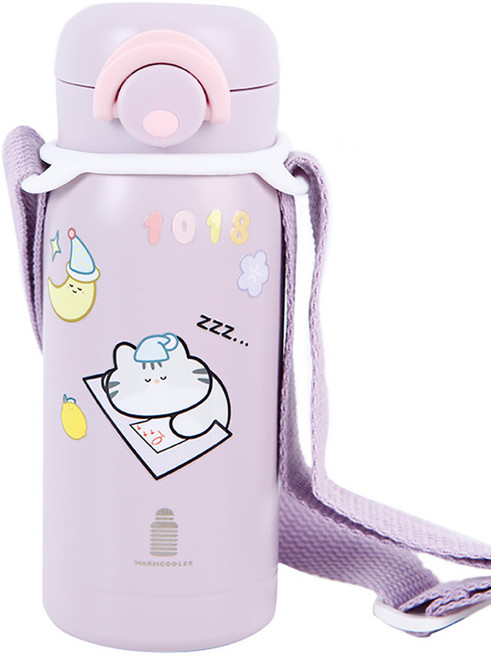 웜쿨러 원터치 보온 보냉 텀블러(스티커+스트랩세트), 04퍼플텀블러+스트랩1개+스티커4종, 1세트, 350ml