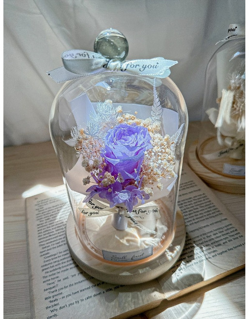 玻璃燈罩 玫瑰花乾燥花 畢業花束 情人節 生日禮物 康乃馨 捧花 婚禮小物 乾燥花燈罩, B 紫薇,透明盒裝