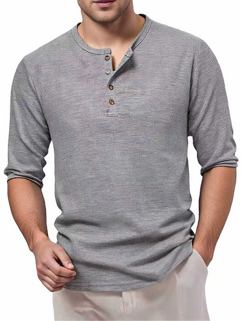 【華夫格潮男】亨利領T恤 男士T恤 長袖T恤 打底衫 男裝 潮牌 純棉親膚 歐美復古風 休閒百搭 春秋季必備