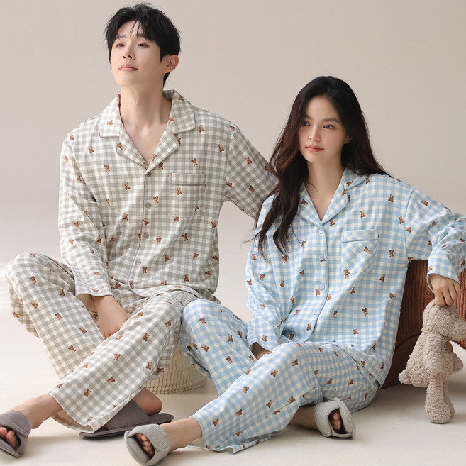 ANYOU 순면100% 커플 잠옷 세트 긴소매 부드러운 홈웨어 빅사이즈 수면잠옷