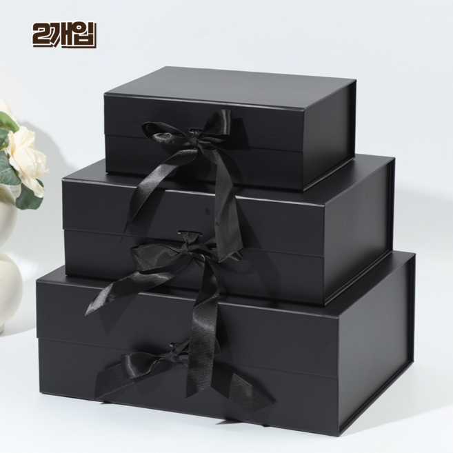 홈앤힐링 고급 선물상자 접이식 리본 싸바리 상자, 2개, 차콜 블랙