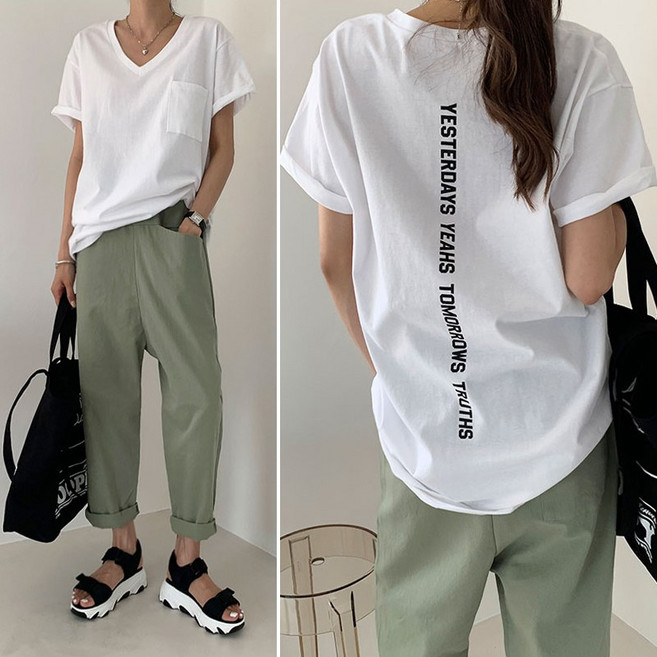 쏭걸 브이넥 레터링 빅사이즈 반팔티 오버핏 티셔츠 박스티 3818