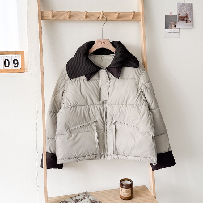 拼接撞色翻領羽絨棉短外套 設計感保暖棉服