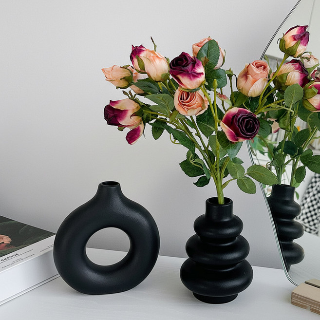 하이어데코 인테리어 오브제 소품 도자기 꽃병 화병 3종, 블랙