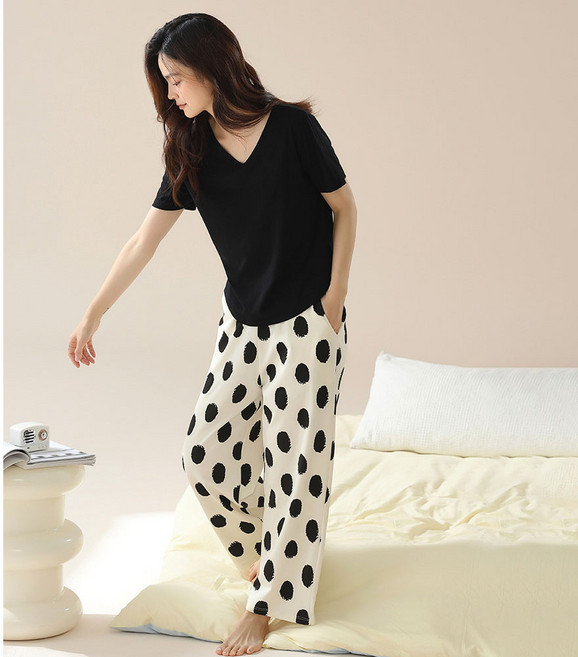 POMTOR 여성용 여름 파자마 세트 면 얇은 반팔 + 9부 바지 홈웨어