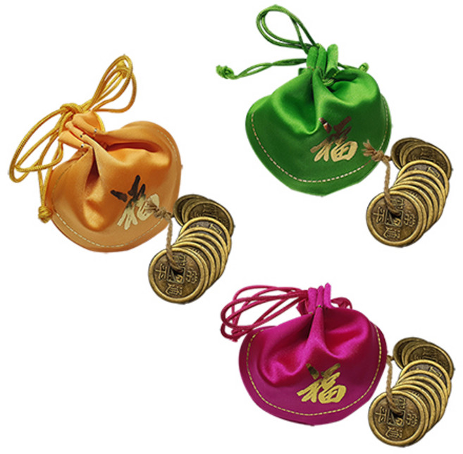 옛날 엽전담은 삼색 복주머니 재물운 행운 소원성취기원 돌상차림 외국인선물 인테리어소품, 3색(황금 연두 꽃분홍) 복주머니 세트