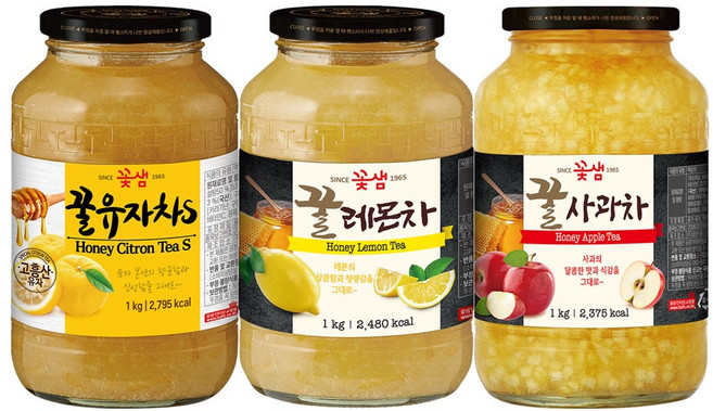 꽃샘 꿀유자차S +꿀레몬차 +꿀사과차, 1세트, 1kg