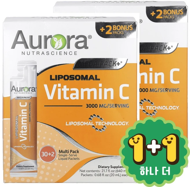 [1+1] Aurora 오로라 메가플러스 Mega-Pack+ 리포소말 비타민C 3 000mg 32팩 1박스 약들약 고약사 / 해외직구 미국정품, 32회분, 2개 - 쿠팡