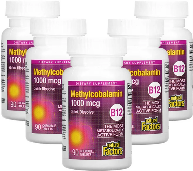 네츄럴팩터스 B12 메틸코발라민 1 000mcg 츄어블 90정, 5개 - 쿠팡