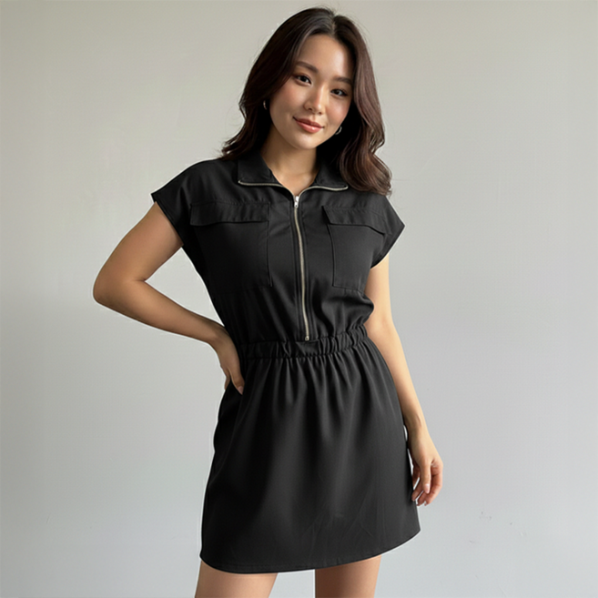 데일로엔 여성 밀리터리 아노락 지퍼 집업 카라 반팔 미니 원피스
