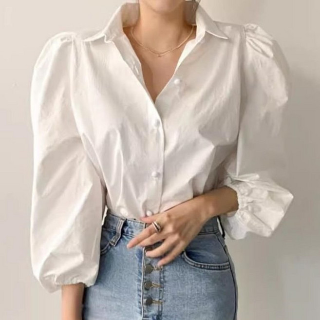 아이엠몽 여성 벌룬 어깨 포인트 무지 데일리 블라우스