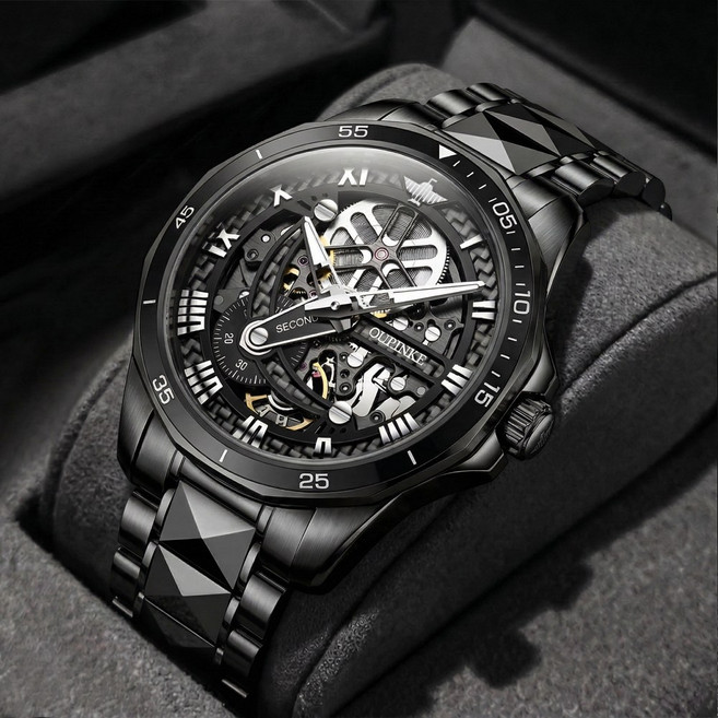 OUPINKE 남성 시계 정품 자동 기계식 오토매틱 럭셔리 명품 투조 패션 워터프루프 야광 흑무사 남자손목시계