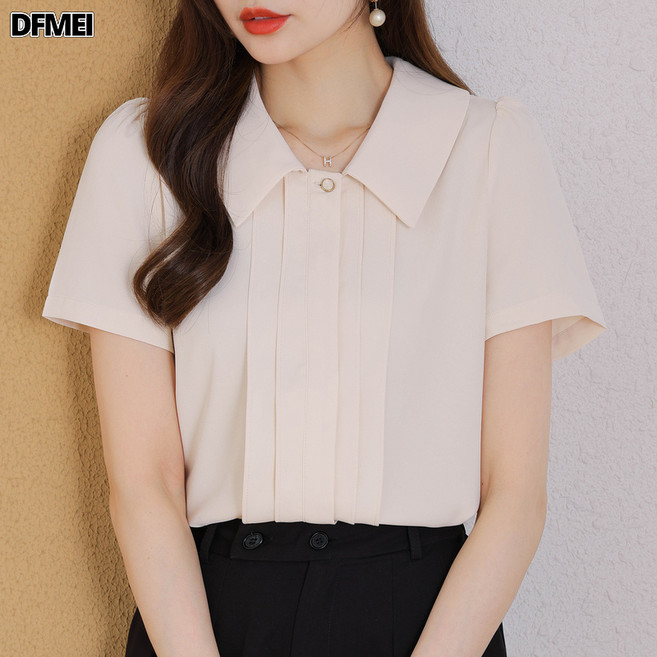 DFMEI 여름 프렌치 미니 쉬폰 반팔 셔츠 여 여름 퍼프 디자인 느낌 상의
