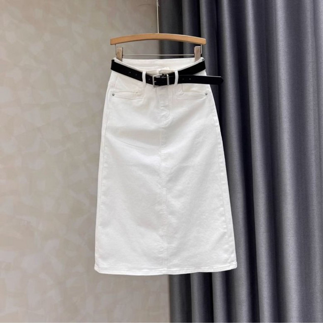 PEROLA 여성 빅사이즈 화이트 미디 A라인 데님 스커트 여름 일자 하이웨스트 면 힙업 청스커트(벨트 미포함)