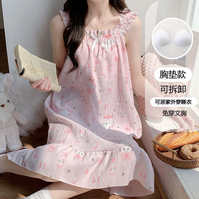 女夏季吊帶睡裙，帶胸墊，可居家外穿，簡約花邊家居服
