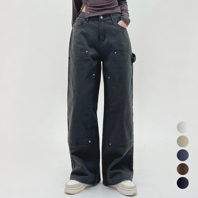 코모도 여성 와이드 카펜터 면바지 밑단 스트링 워크웨어 바지 조거 팬츠 ( 2단기장 )