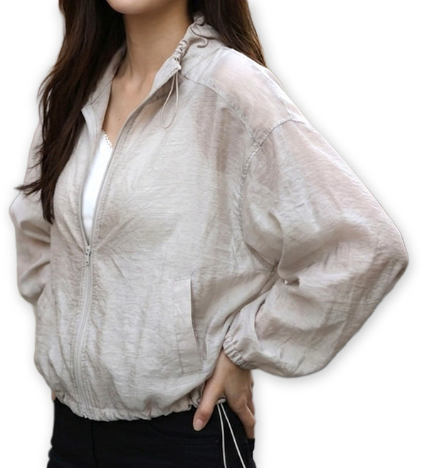메리앤유 시스루 셔링 넥 얇은 여름 바람막이 스트링 집업 점퍼 아우터 자켓