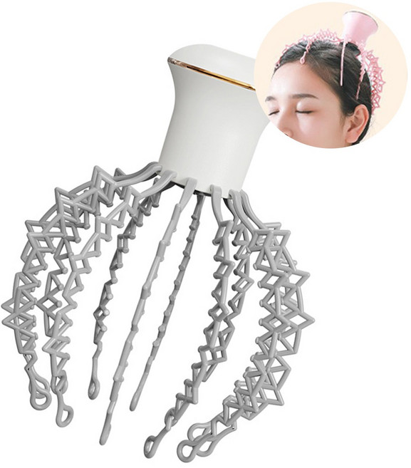 전동 머리마사지기 무선 리모컨 USB충전식 머리 브러쉬 지압 문어발 두피 마사지기, 1개, 흰색