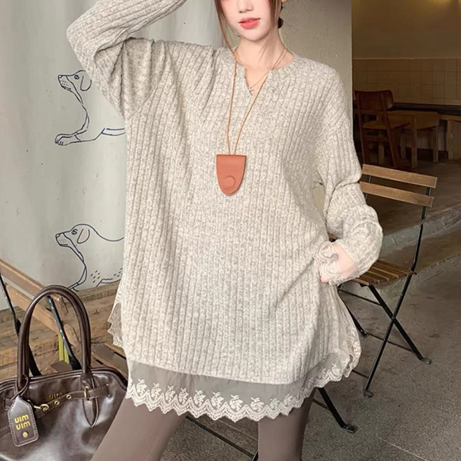 ORZQU 가을 여성 니트 패치 레이스 브이넥 루즈핏 긴팔 니트 탑