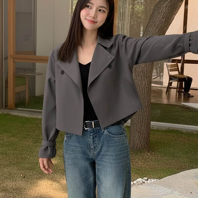 세미 크롭 더블 버튼 숏 여성 자켓 하이넥 점퍼 코트