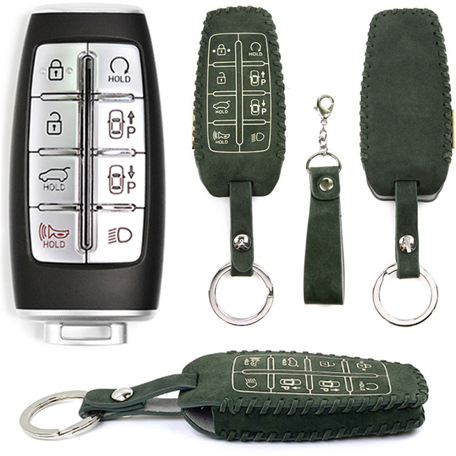 SEMI럭셔리 현대 J타입 자동차 스마트키 케이스 8버튼 제네시스 GV80 G80 GV70 G70 가죽 차키 키 지갑 홀더 커버 차량 연락처 번호 메탈 각인, 카키_Khaki