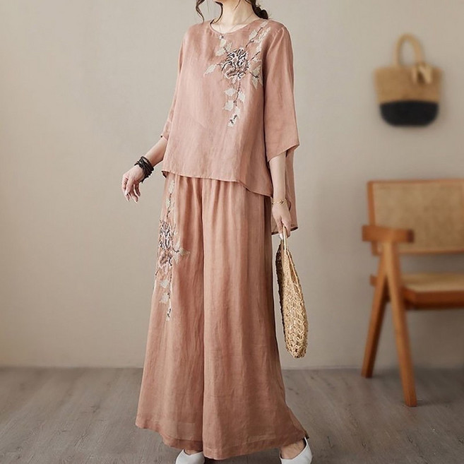 지고다그 여성 여름 린넨 자수 투피스 복고풍 반팔 상하의 세트 통바지 시원한 얇은 소재 체형커버 ZH0391