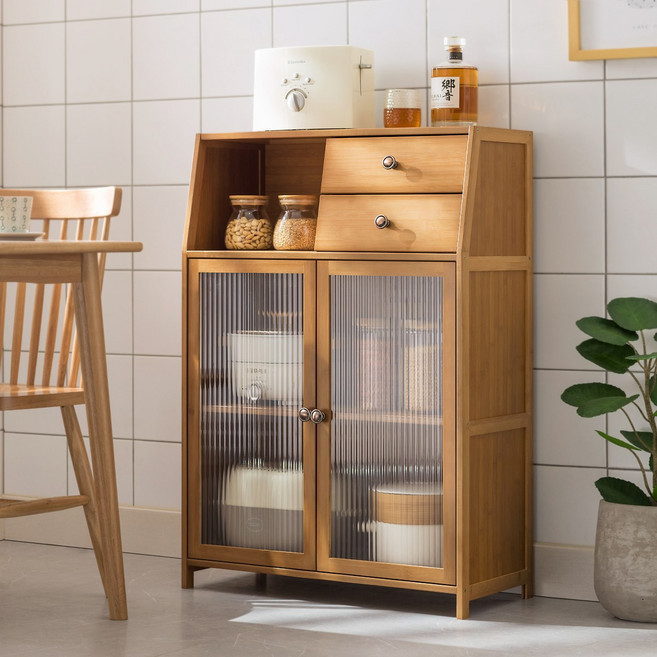 GOOD HOME 내추럴 우드 수납 렌지대 선반 주방 수납장 전자레인지 거치대 서랍형 대형 렌지 수납장, 4단, 월넛색