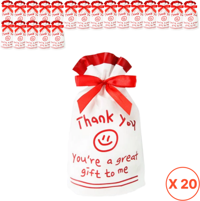 해피쇼핑 구디백 비닐 선물봉투 단체 어린이집 생일 간식 답례품 포장 과자 사탕 복주머니, 20개, 땡큐 스마일