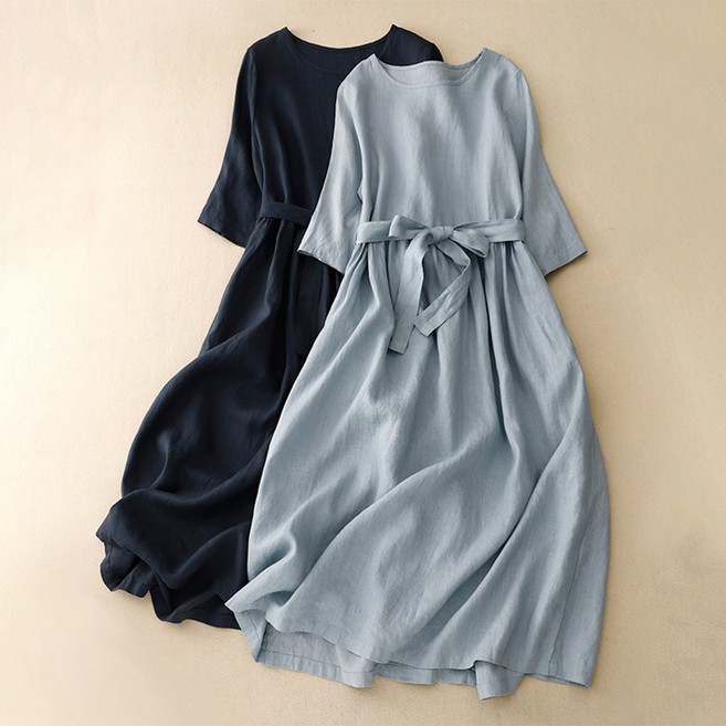 Asure 여자 무지 린넨원피스 라운드넥 벨트 롱원피스